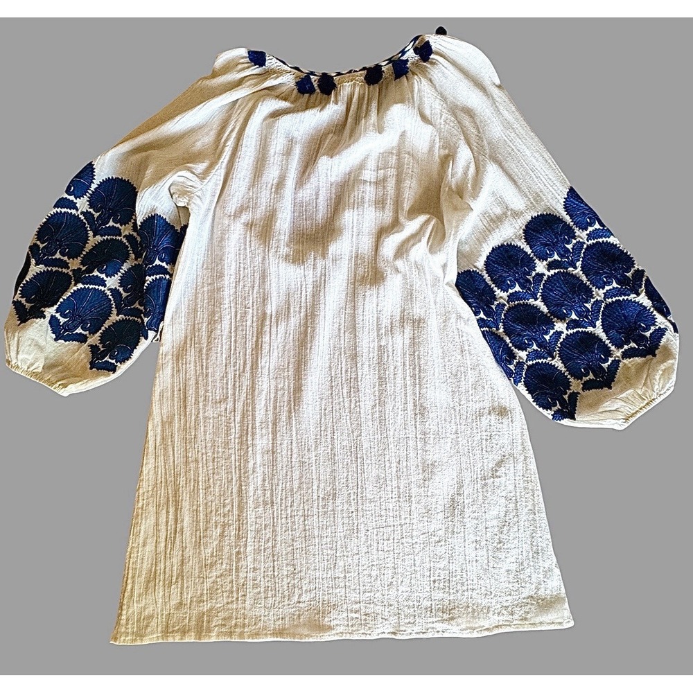 FIGUE Beige Dress/Tunic Medium W/Teal Embroidery Sleeves Boho Resort Wear Cruise - Picture 3 of 13